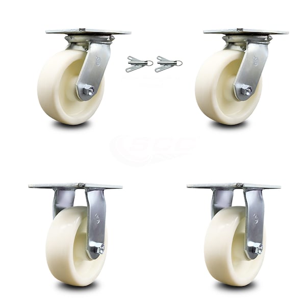 6 Inch Nylon Caster Set with Roller Bearing 2 Swivel Lock and 2 Rigid SCC